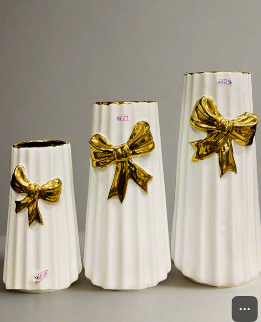 3 Pcs White with Gold Bow Flower Vases for Home Decor