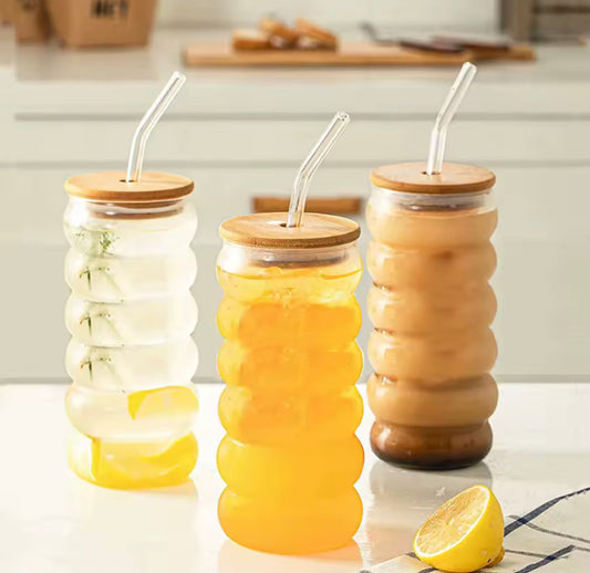 500ml Cloud Design Coffee Glass with Lid & Straw