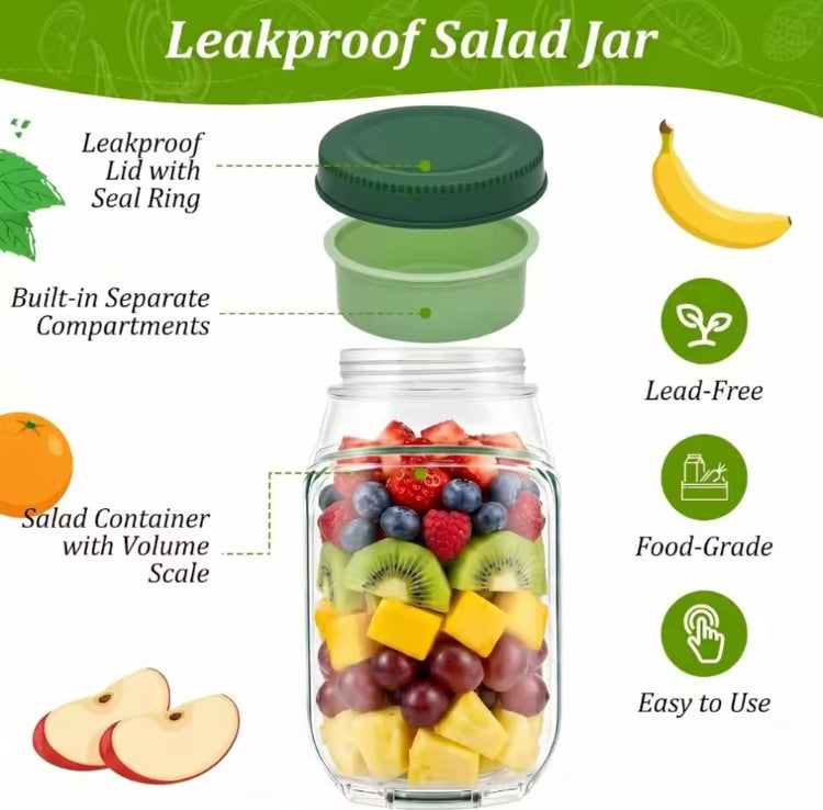 Side Opening Leakproof Salad Jar with Lid, Fork & Sauce Container