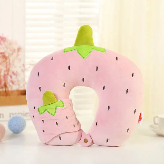 Pink Strawberry U-Shaped Travel Neck Pillow with Eye Mask