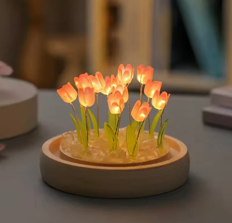 Tulip Flower Night Light Lamp with Wooden base for Home Decoration