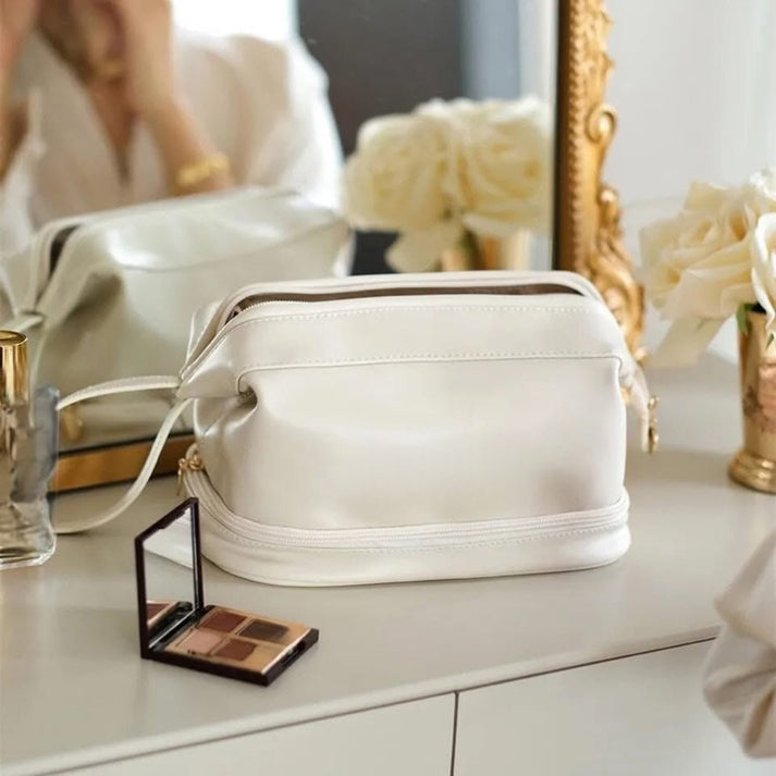 Large Capacity Double Zip Leather Makeup Bag