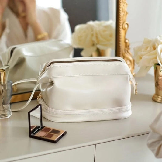 Large Capacity Double Zip Leather Makeup Bag