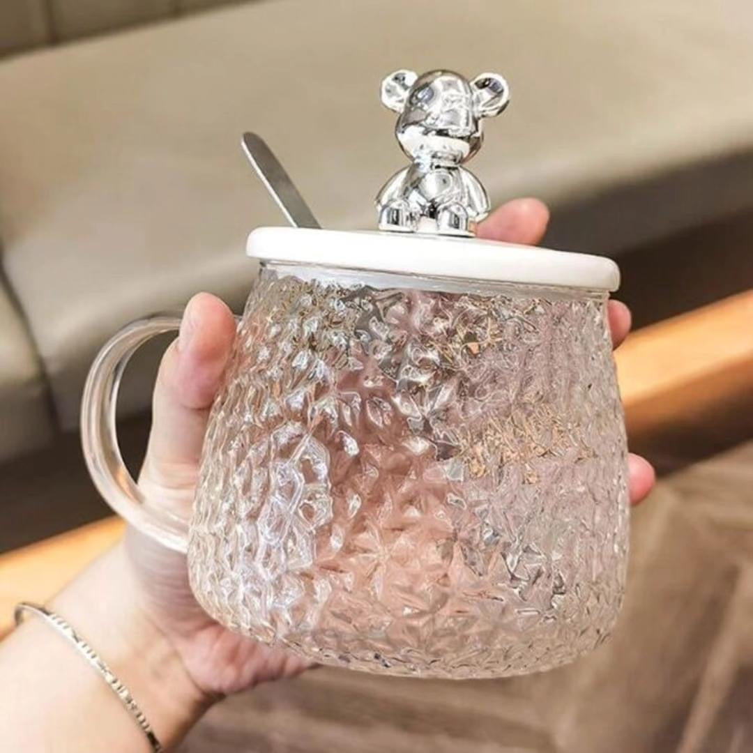Glass Coffee Mug with Bear Lid & Spoon
