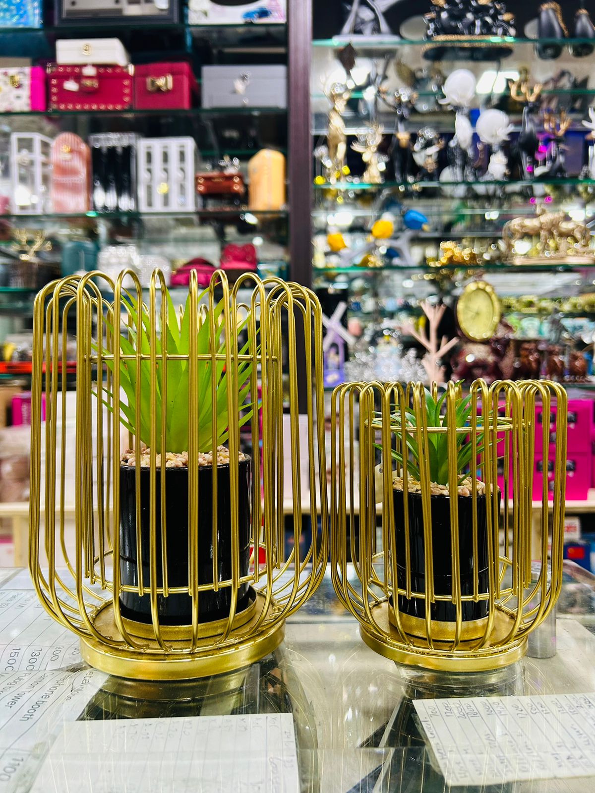 Metal Geometric Stripe Cage Style Potted Artificial Plant Centerpiece Home Decor