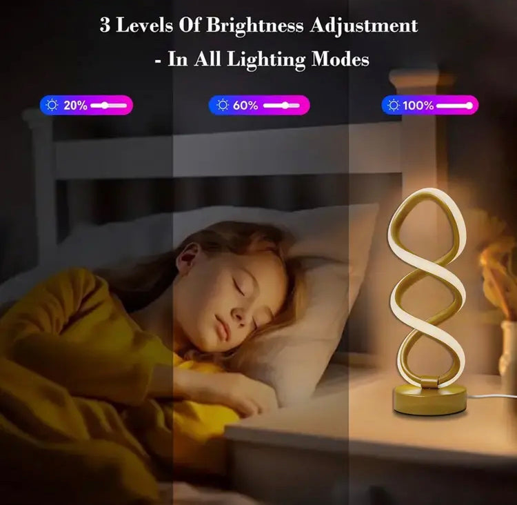 Modern Gold Metal Spiral LED Table Lamp with 3 Modes of Light