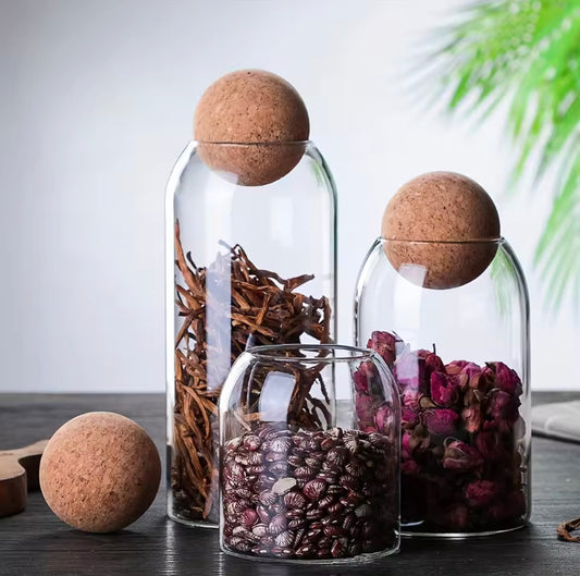 3 Pcs Glass Jars with Wooden Ball Lids & Box Packaging