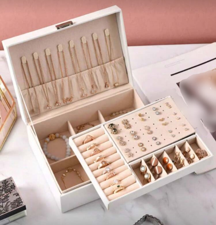 Large Capacity Double Layer Leather Jewellery Organizer with Lock System
