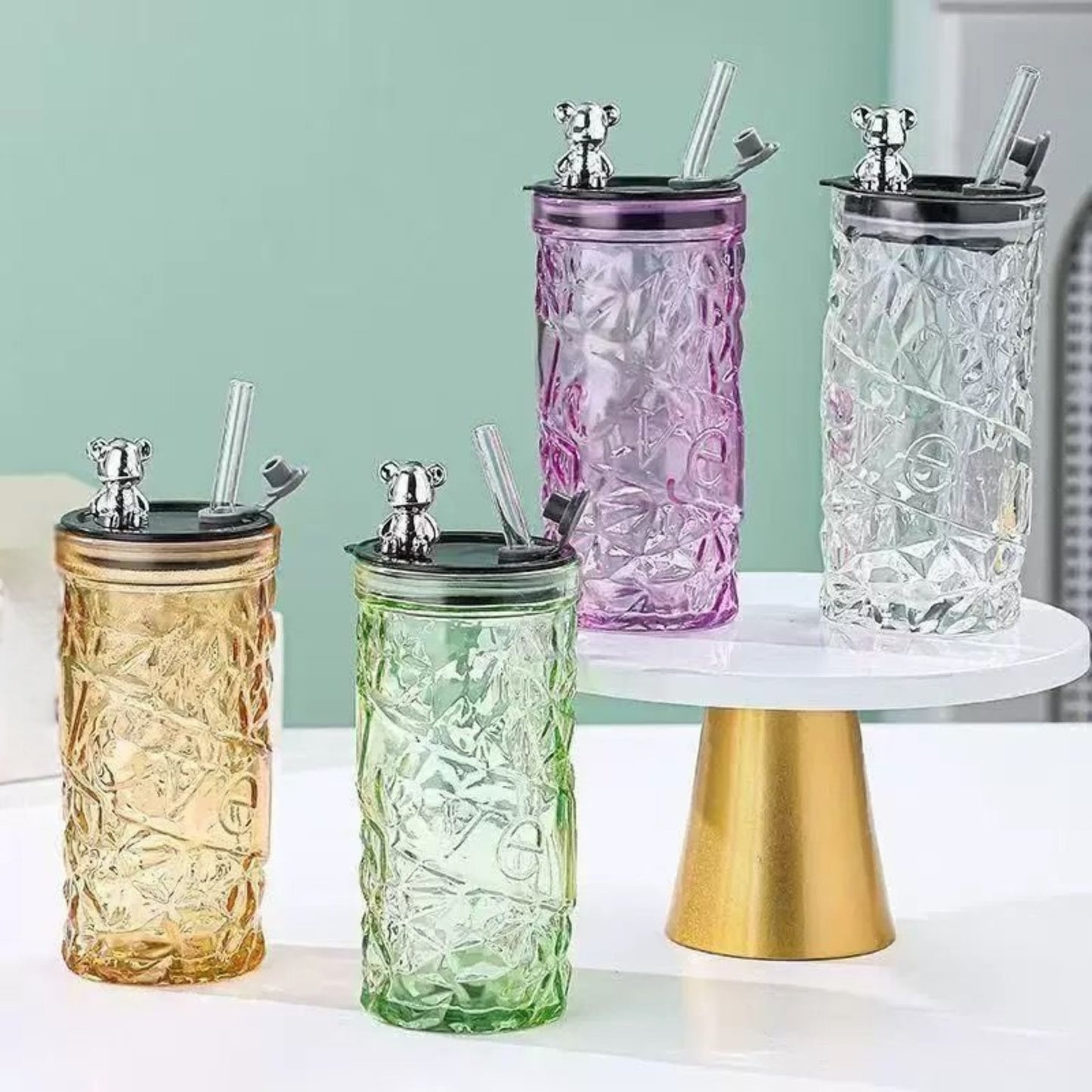 Straw Mason Jar with Silver Bear