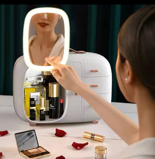 Luxury Makeup Mirror + Cosmetics Makeup Organizer with USB Charging