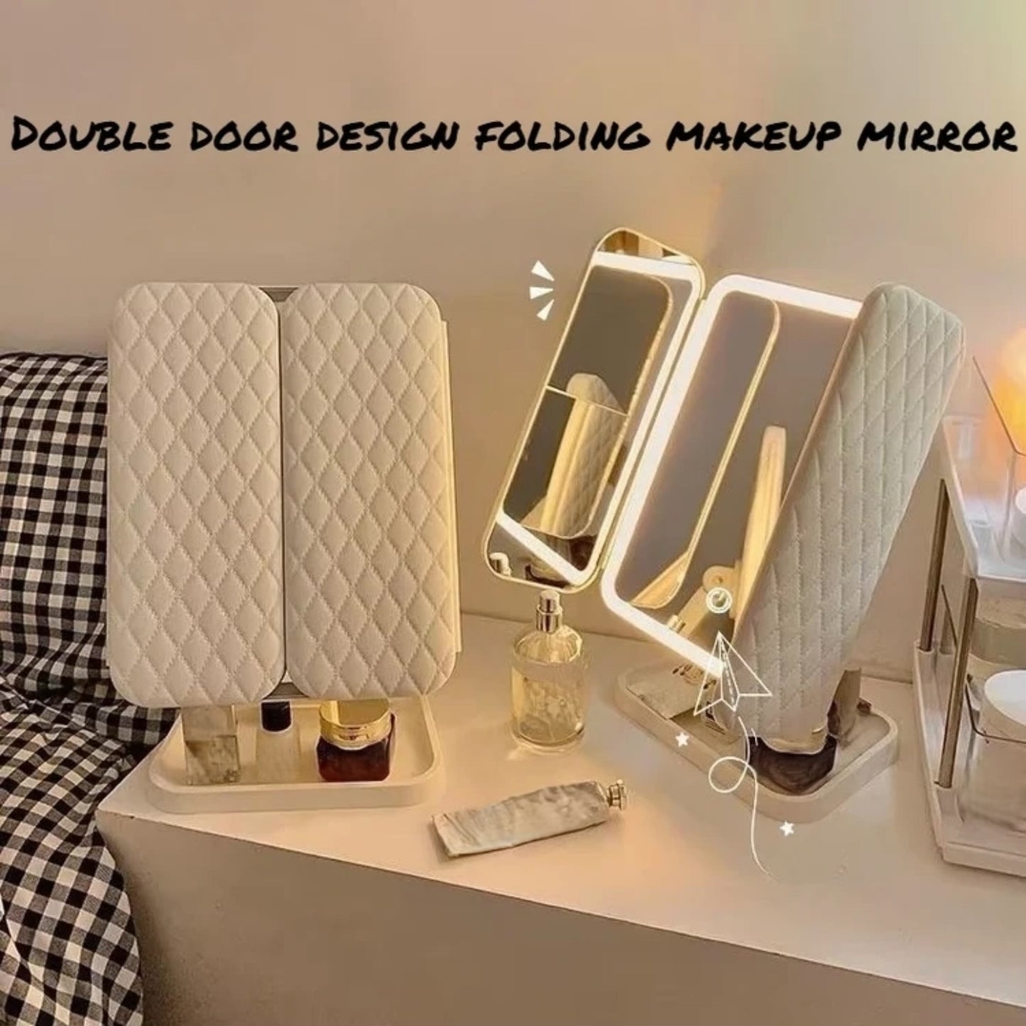 Tri-Fold Rechargeable Rotating LED Makeup Mirror with three Lightening Modes
