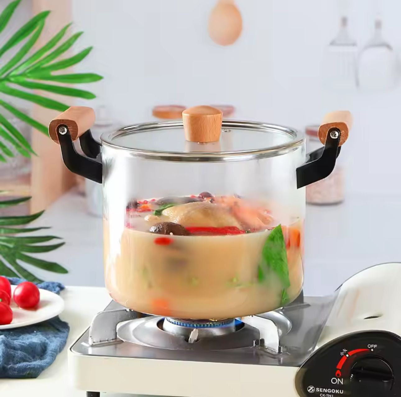 Heat Resistant Borosilicate Cooking Pot with Wooden Handles