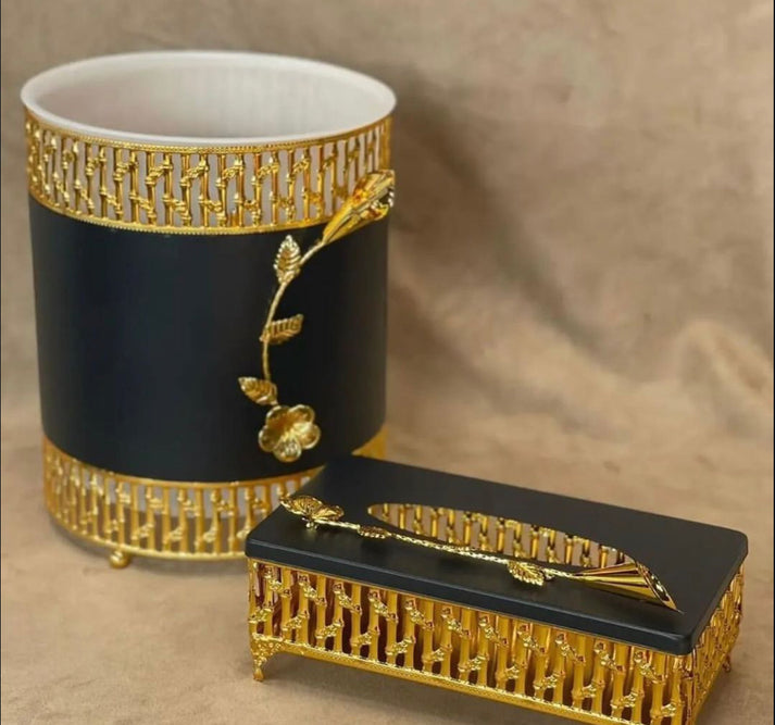 Black with Gold Modern Style Dustbin Tissue Box Set