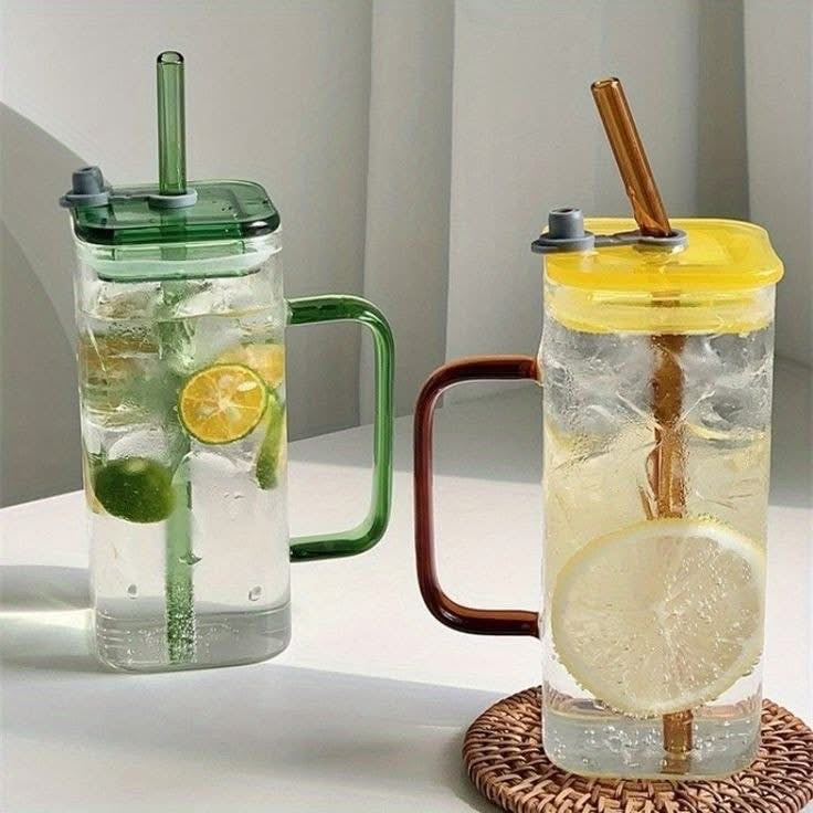 Square Coffee Drinking Glass with Lid & Straw