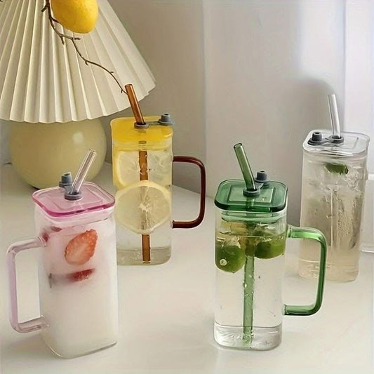 Square Coffee Drinking Glass with Lid & Straw