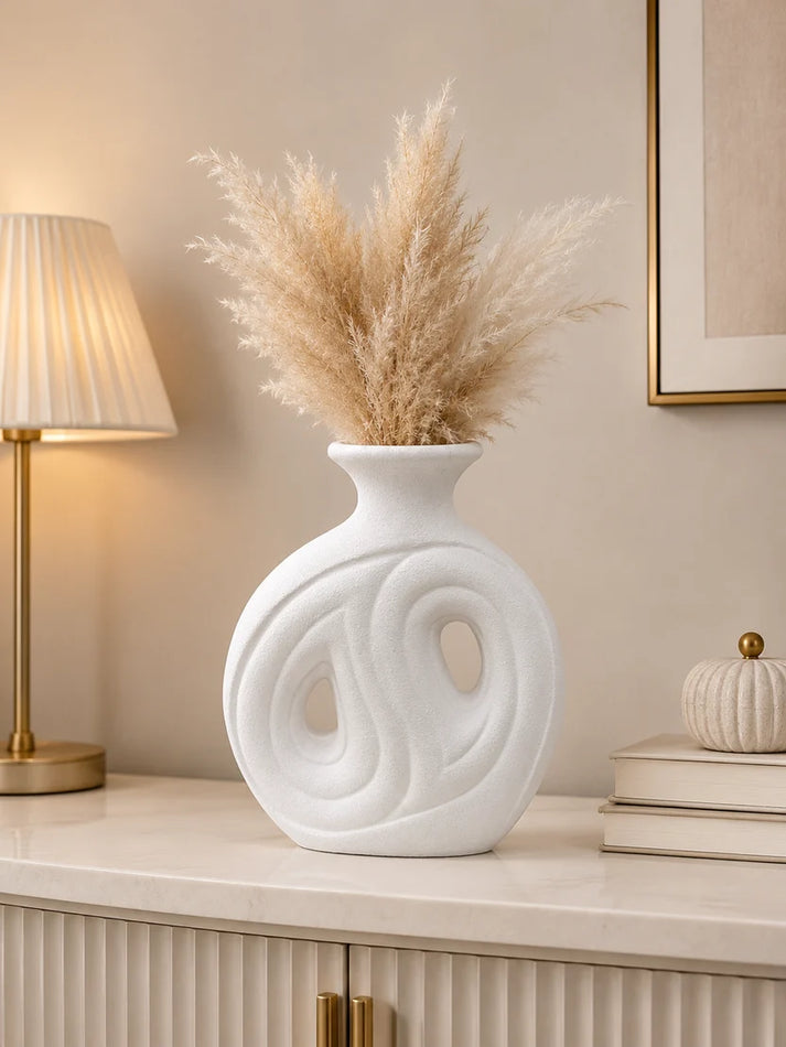 Ceramic White Flower Design Vase for Home Decor