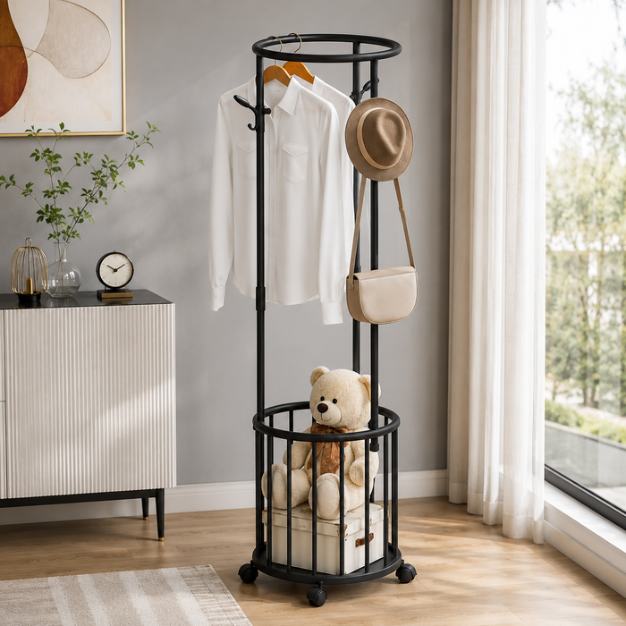 Corner Clothes Rack with Storage Basket & Moveable Wheels