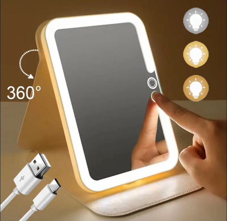 LED foldable makeup mirror Portable USB Rechargeable 3 Light Modes