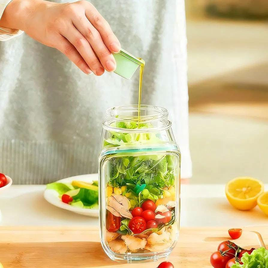 Side Opening Leakproof Salad Jar with Lid, Fork & Sauce Container