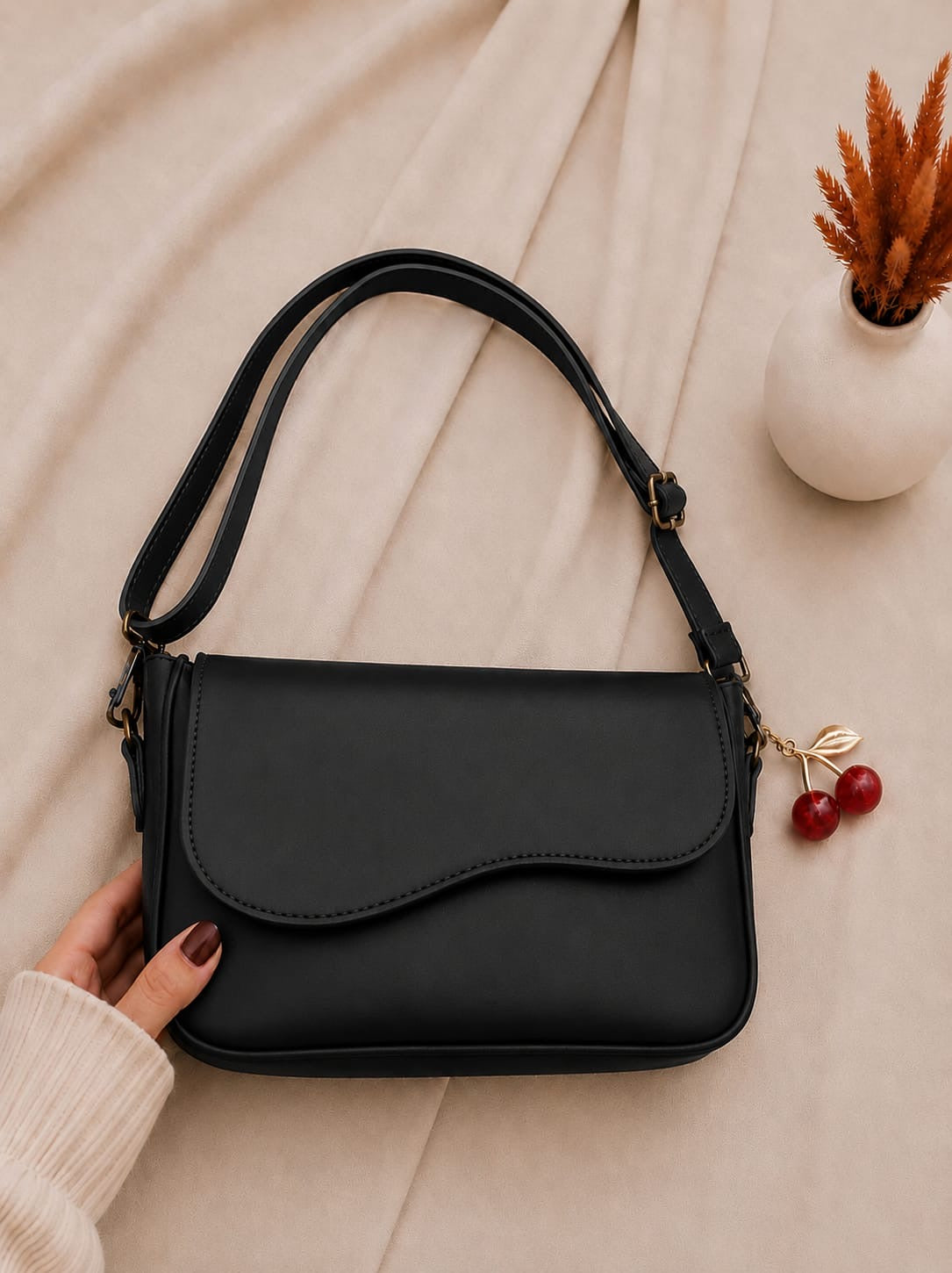 Trendy Shoulder Bag with Cherry Keychain
