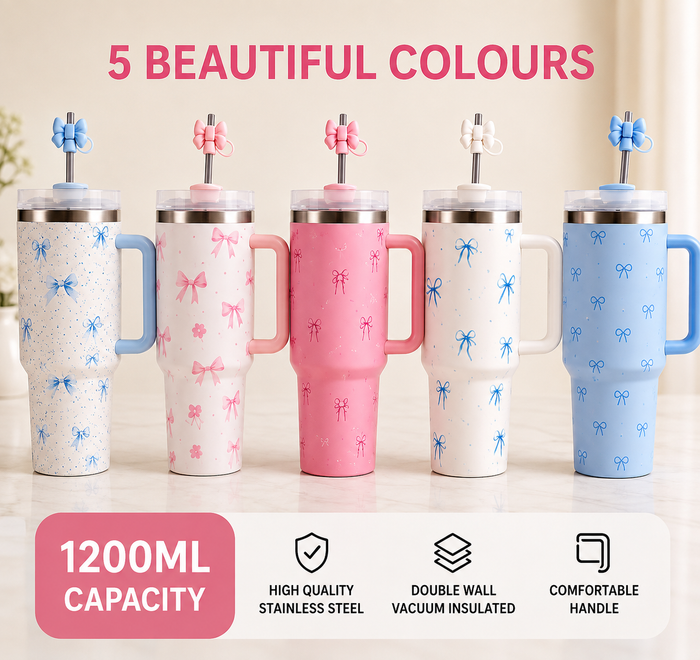 1200ml Bow Design Stainless Steel Insulated Tumbler Mug with Steel Straw & Straw Cover