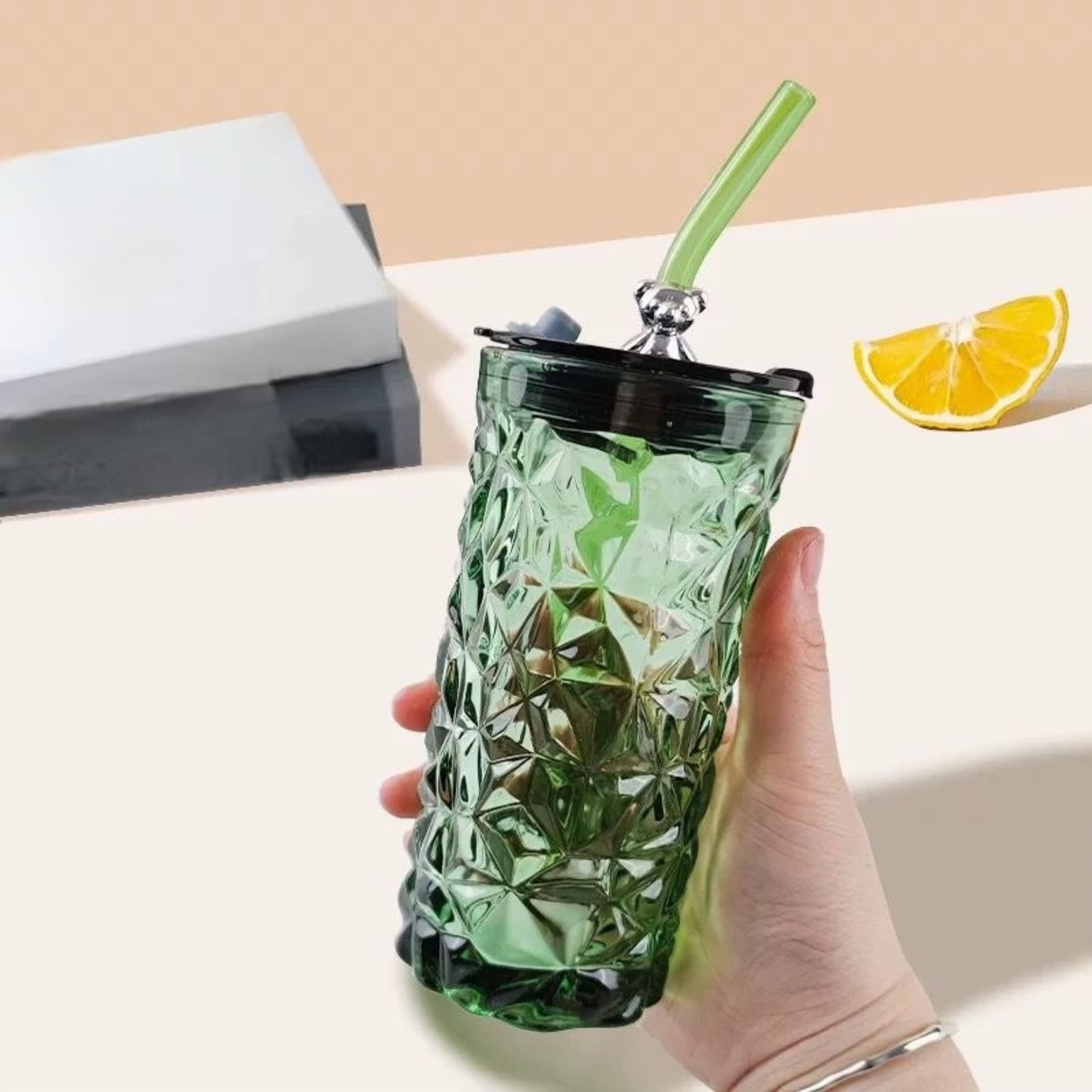 Straw Mason Jar with Silver Bear