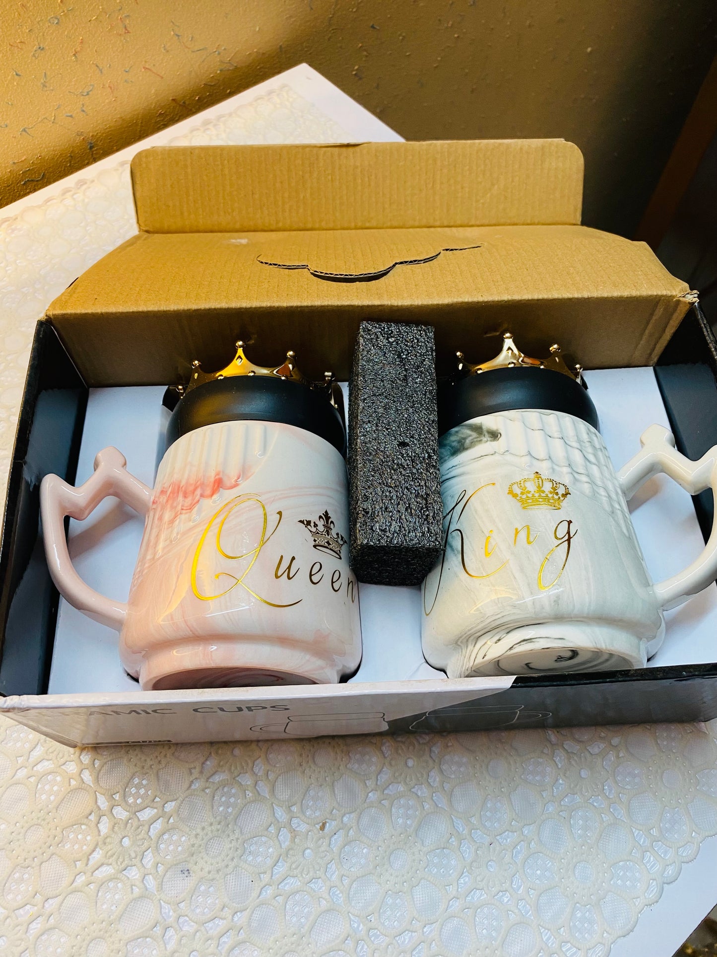 King Queen Couple Mugs with Lid and Box Packaging