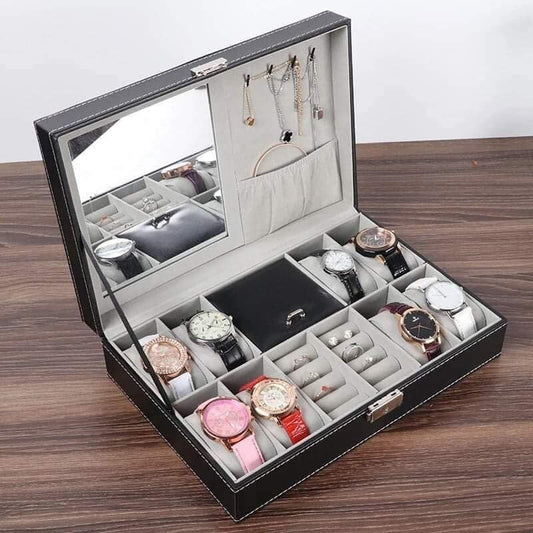 2 in 1 Leather 8 Slots Watch & Ring Box Organizer with Lock