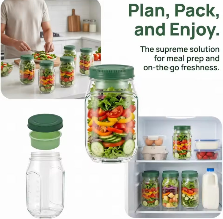 Side Opening Leakproof Salad Jar with Lid, Fork & Sauce Container