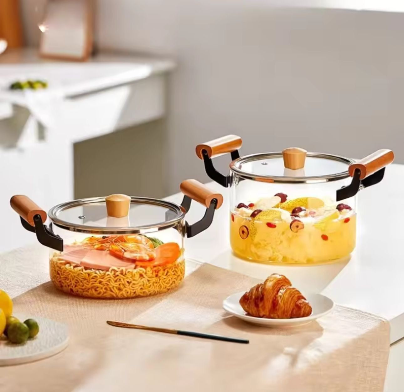 Heat Resistant Borosilicate Cooking Pot with Wooden Handles
