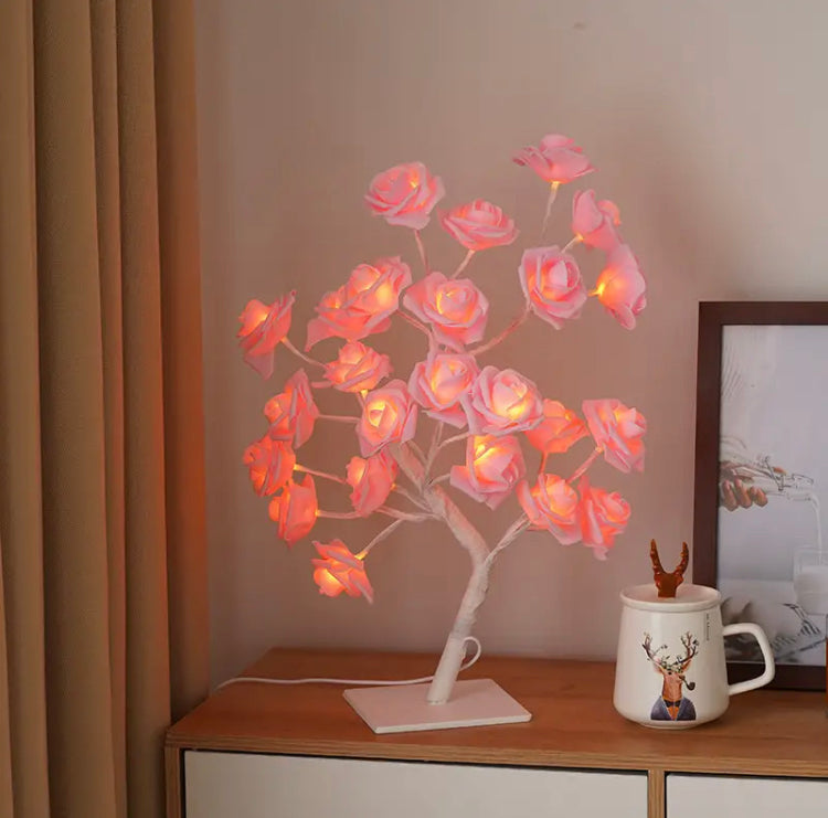 24 LED Rose Lamp Tree Table Top for Home Decor with White Metal Base