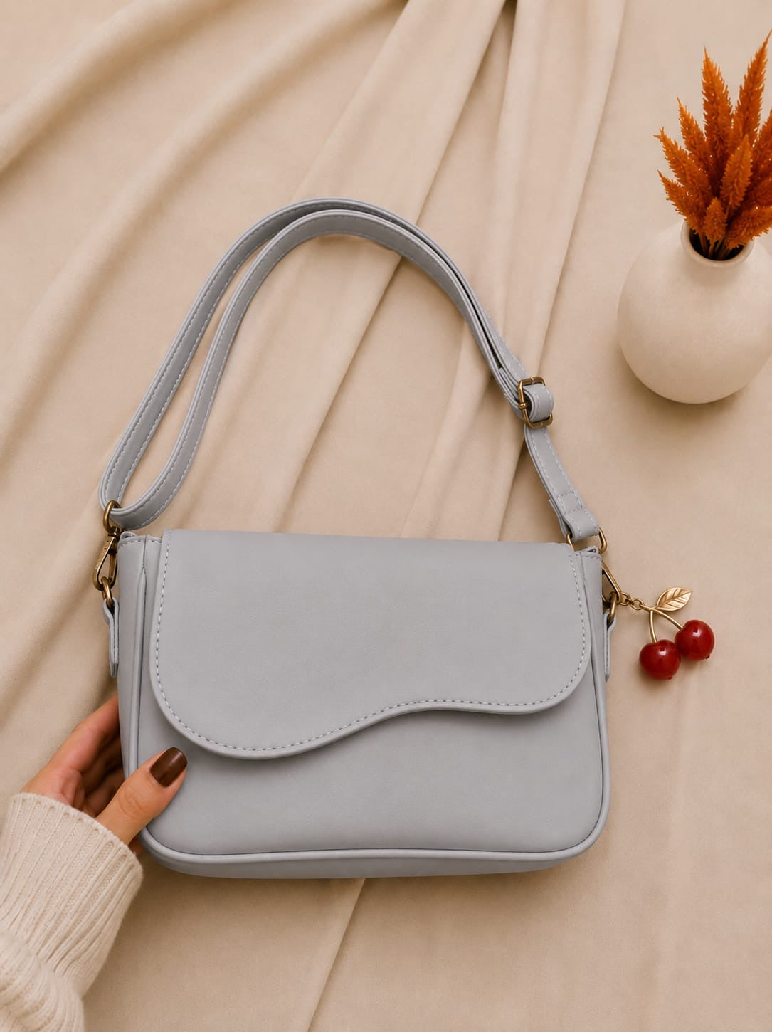 Trendy Shoulder Bag with Cherry Keychain