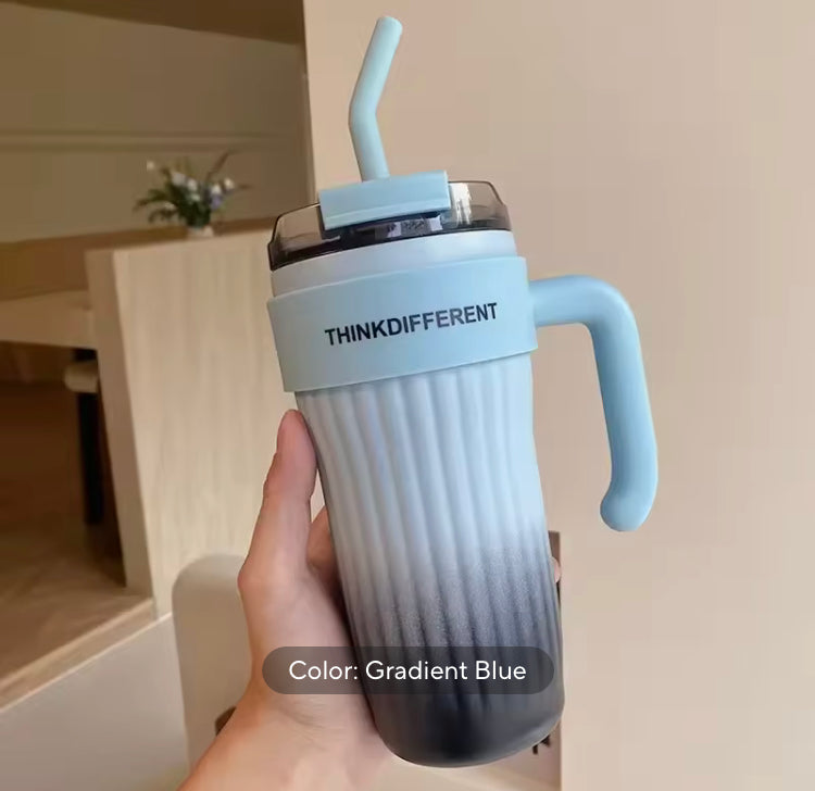 860ml Gradient Colour Stainless Steel Coffee Mug with Straw