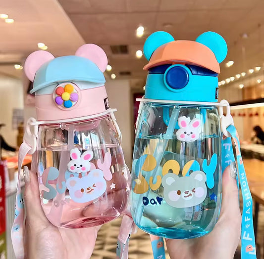 550ml Cute Water Bottle for Kids with Straw & Strap