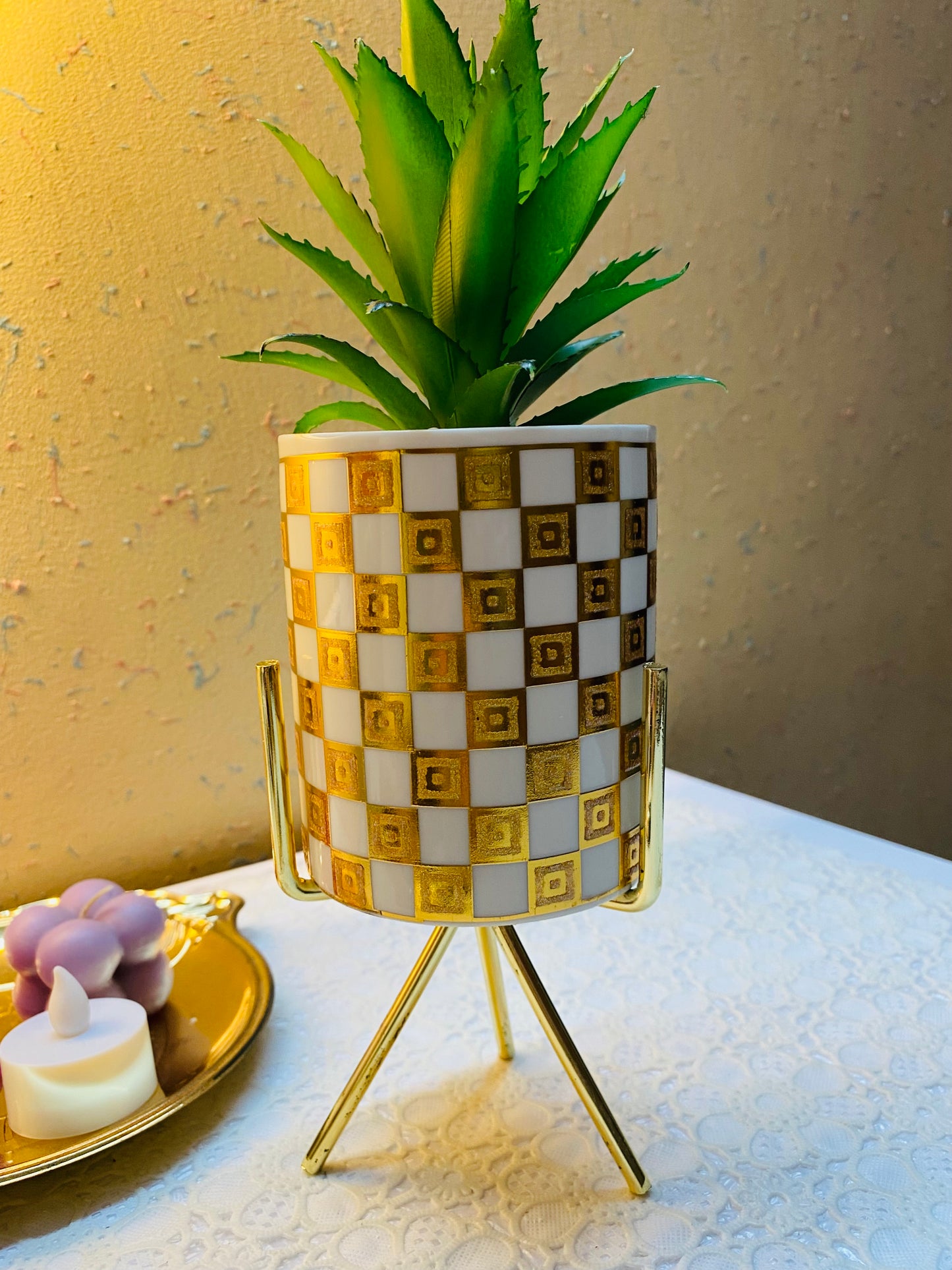 White with Gold Metal flower pot