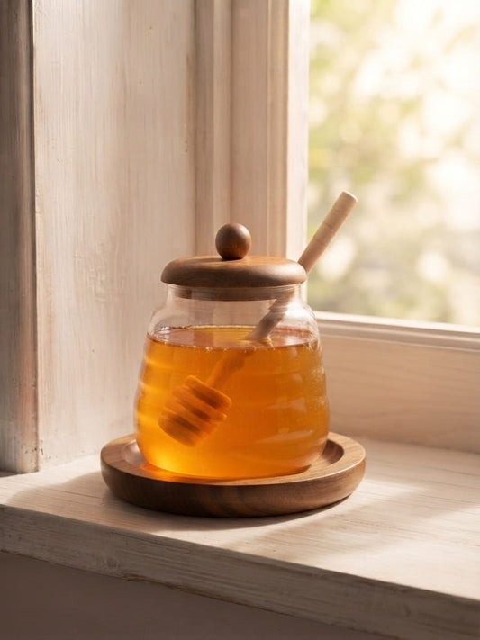 Honey Jar With Bamboo Tray and Honey Dipper