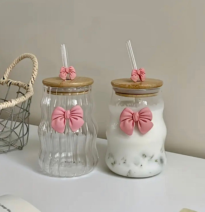 Aesthetic Bow Coffee Glass with Lid & Straw