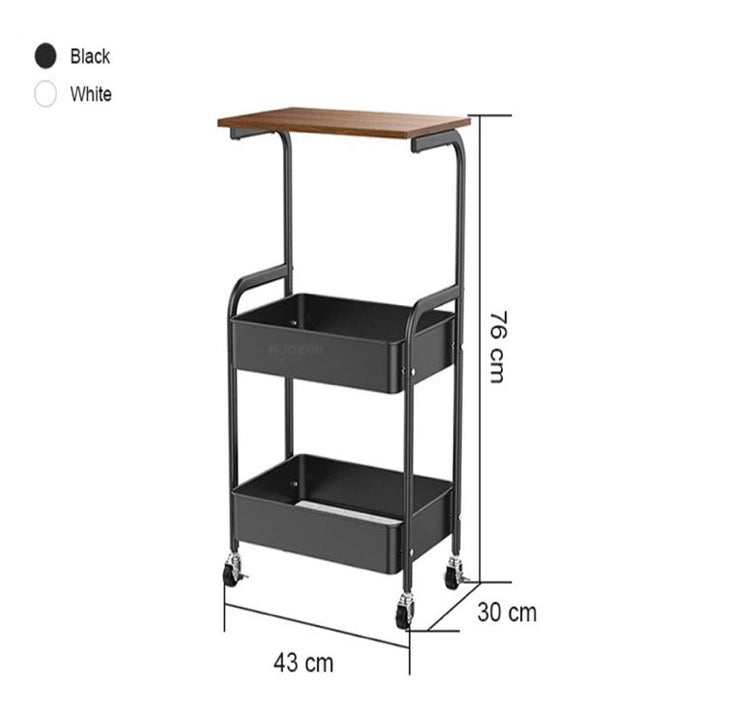 3 Tier Metal Rolling Trolley Cart with Wooden Top