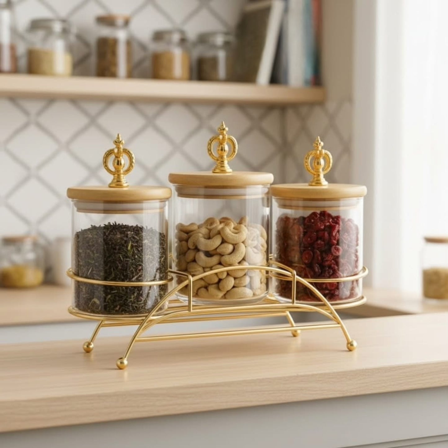 3 Pcs Glass Jar Set with Golden Metal Stand