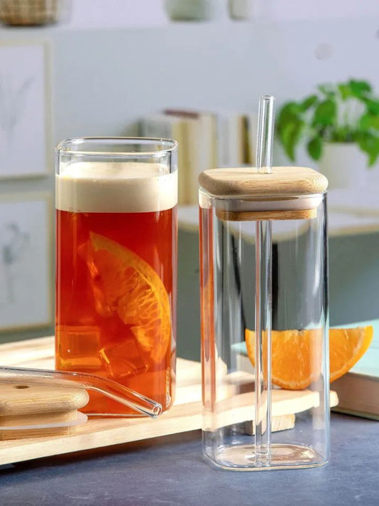 400ml Square Coffee Glass with Wooden Lid and Glass Straw