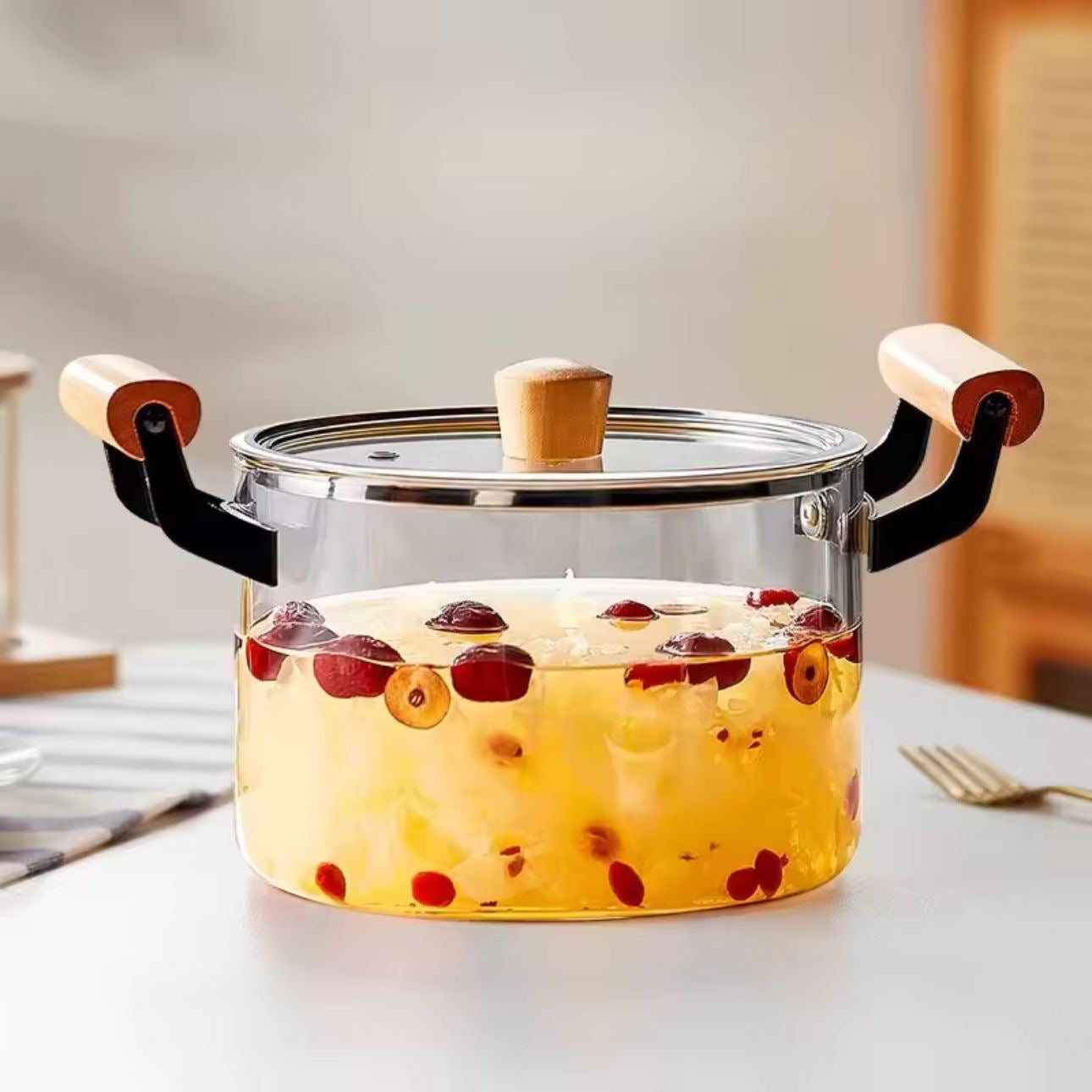 Heat Resistant Borosilicate Cooking Pot with Wooden Handles