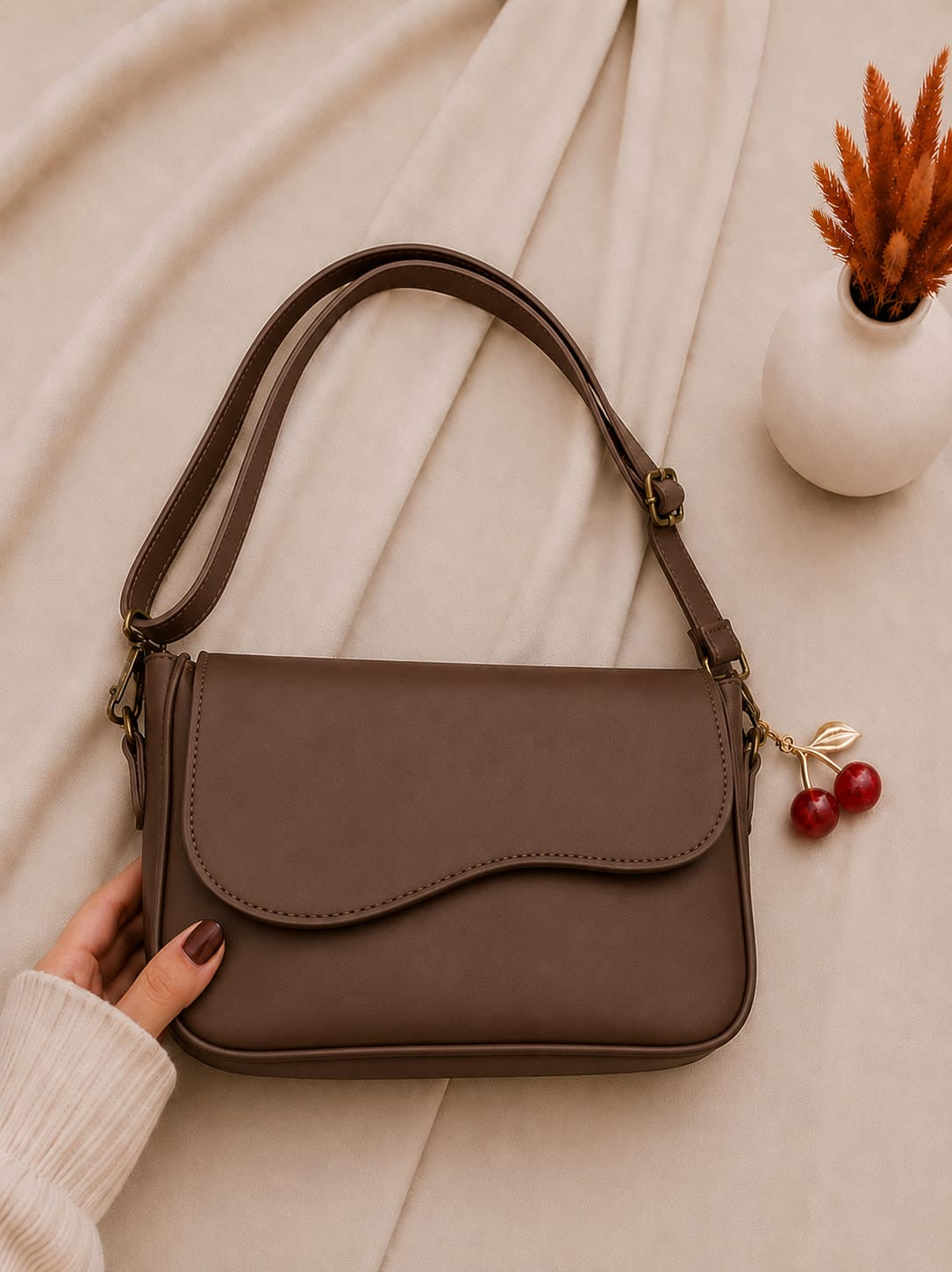 Trendy Shoulder Bag with Cherry Keychain