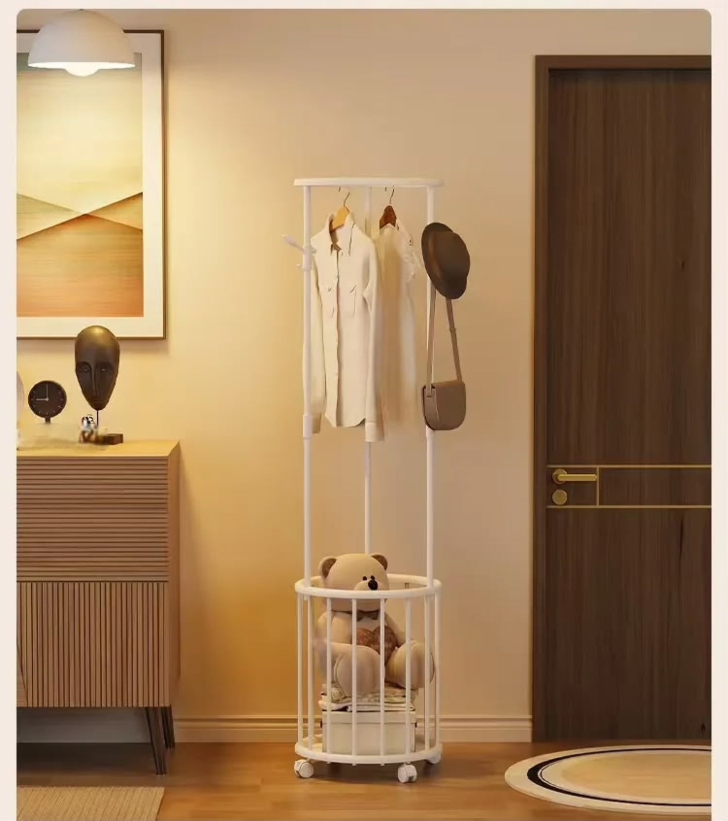 Corner Clothes Rack with Storage Basket & Moveable Wheels