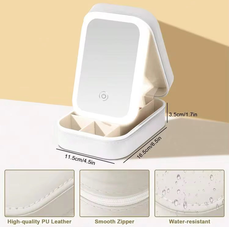 Portable Leather Led Mirror Makeup Bag