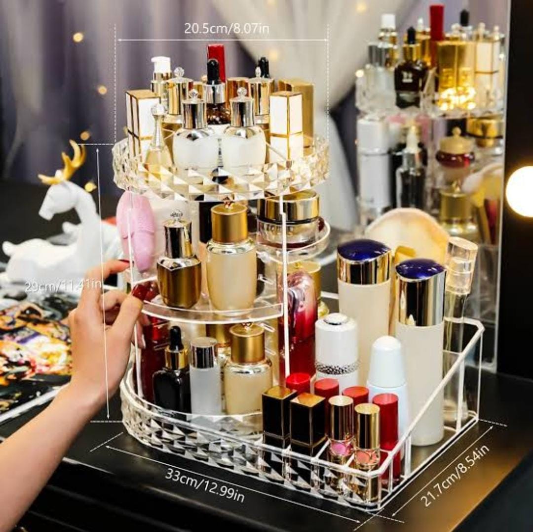 Acrylic Cosmetics Rotating Organizer with Large Tray