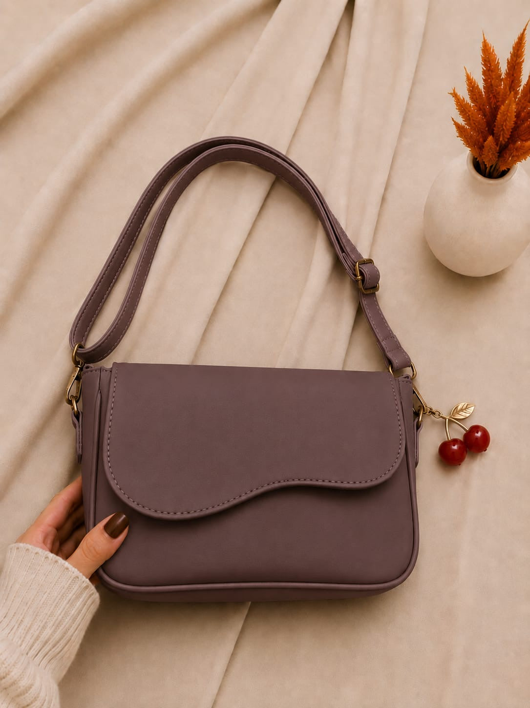 Trendy Shoulder Bag with Cherry Keychain