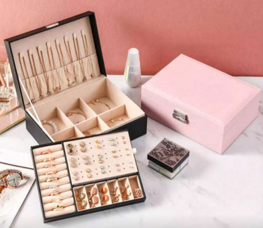 Large Capacity Double Layer Leather Jewellery Organizer with Lock System