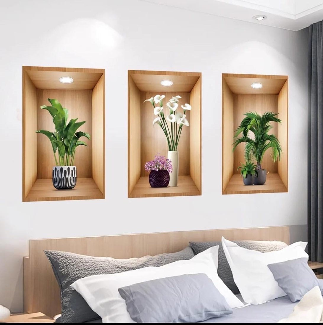 3pc/set 3d plant vase wall sticker home decoration