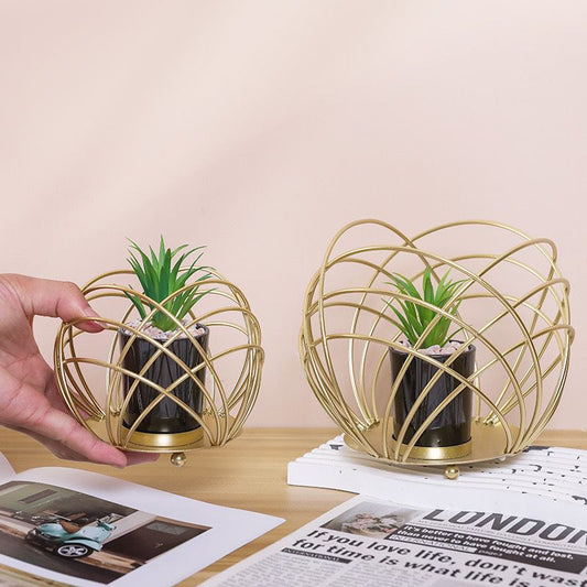 Metal Geometric Cage Style Potted Artificial Plant Centerpiece Home Decor