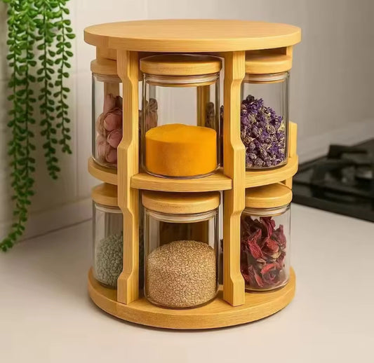 Wooden Rotatable Kitchen Jars Organizer with Lids